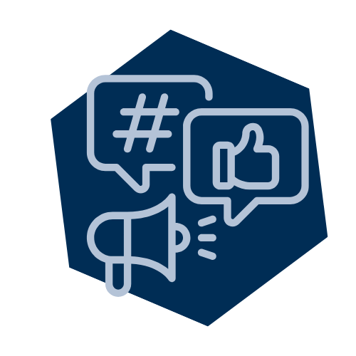 Öffentlichkeitsarbeit Das Bild zeigt ein Logo. Der Hintergrund ist dunkel Blau und im Vordergrund sind zwei Sprechblasen und ein Lautspecher abgebildet.