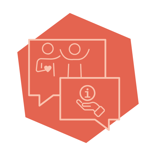 Beratung & Vermittlung Das Bild zeigt ein Logo. Der Hintergrund ist Orange und im Vordergrund sind zwei Sprechblasen abgebildet.