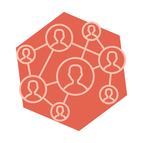 Vernetzung & Austausch Das Bild zeigt ein Logo. Der Hintergrund ist Orange und im Vordergrund ist ein Netz abgebildet.