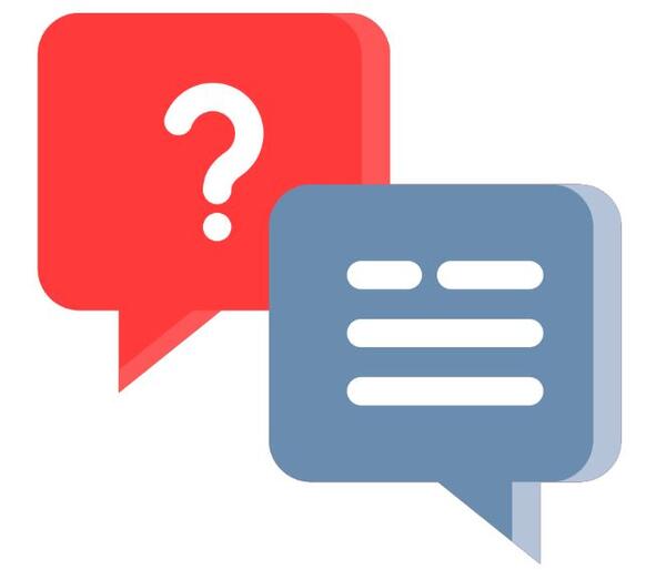 Zwei Sprechblasen sind abgebildet. In der linken Sprechblase ist ein Fragezeichen und in der Rechten sind Linien abgebildet.